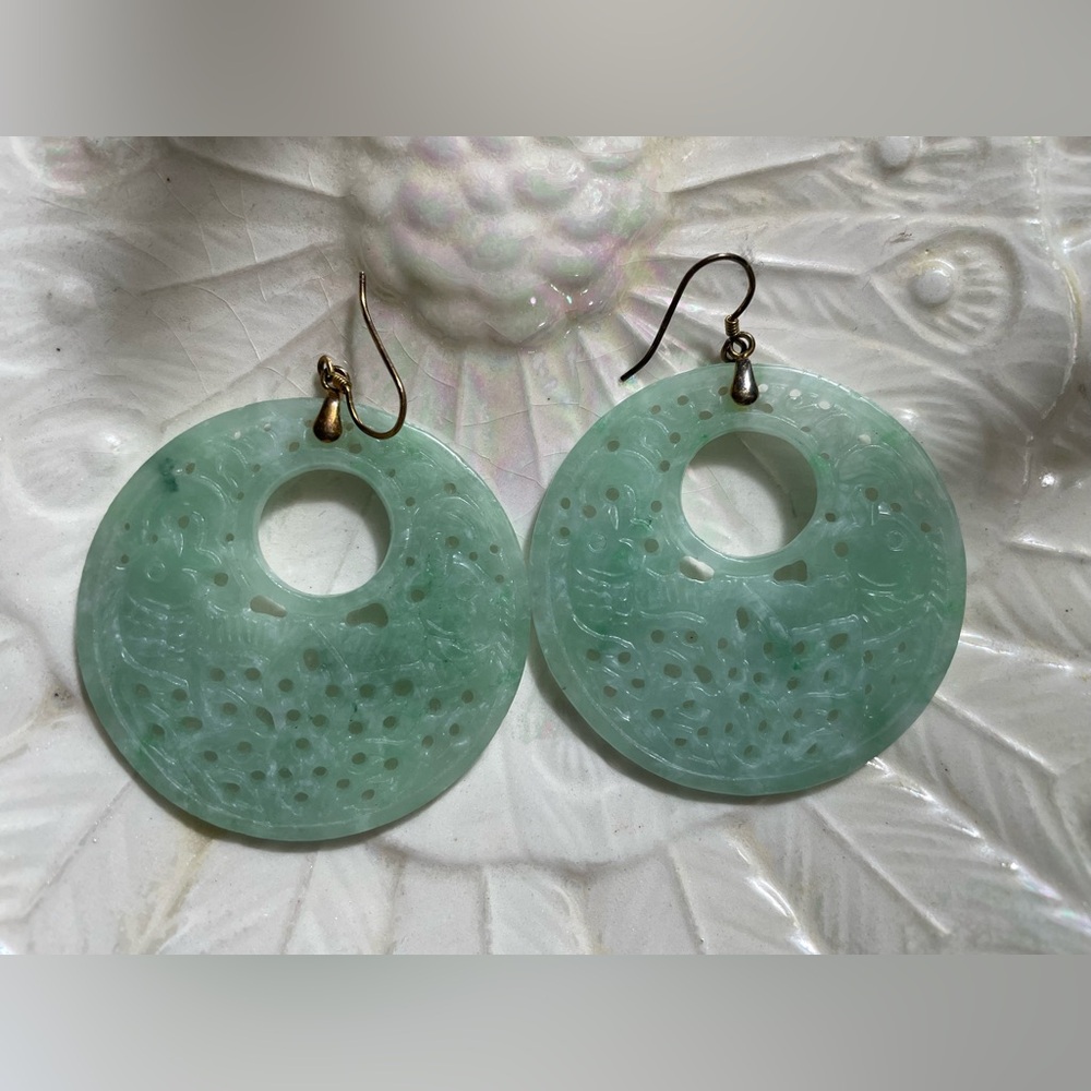 Vintage Chinese Sterling Silver Green Jade Carved Koi Fish Earrings 2”